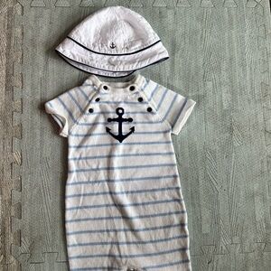 Janie & Jack romper like sweater onsie with bucket hat and strap